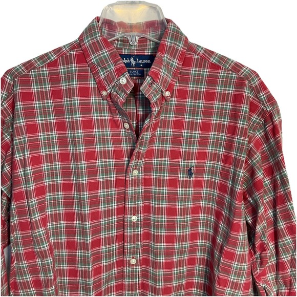 Ralph Lauren Shirt Mens M Blake Red Green Pony Long Sleeve Cotton Button Down - Picture 1 of 6